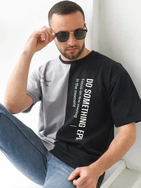 Футболка мужская спортивная двухцветная с принтом хлопок