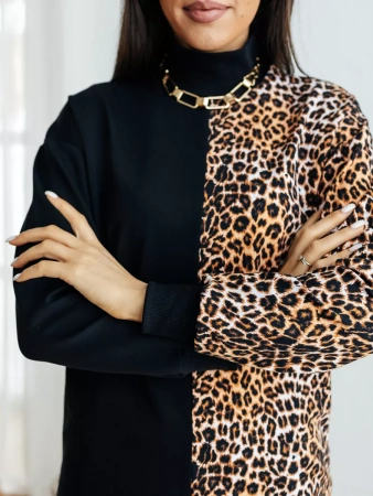 Трикотажное платье водолазка леопардовое футер теплое плф597