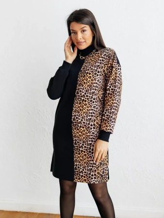Трикотажное платье водолазка леопардовое футер теплое плф597