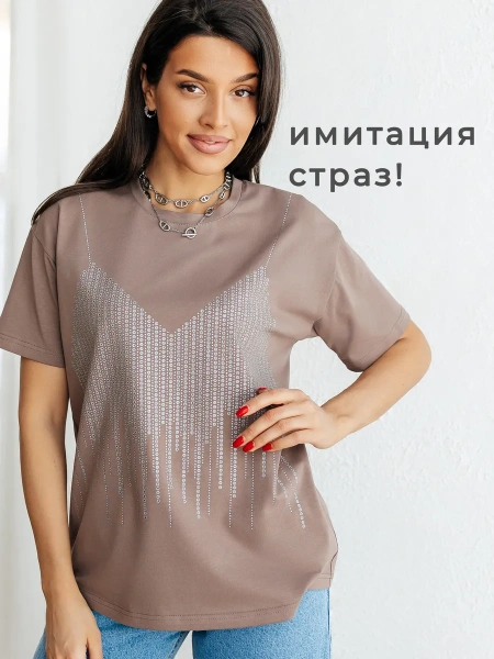 Футболка с принтом базовая хлопок имитация страз новогодняя