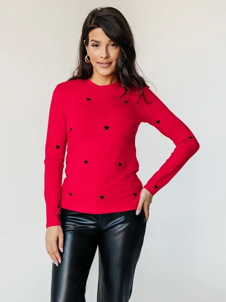 Лонгслив красный женский облегающий с сердечками дк571