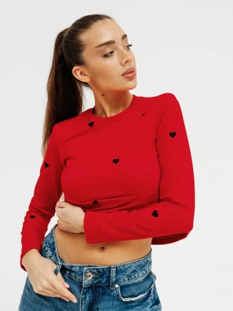 Лонгслив красный женский облегающий с сердечками дк571