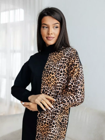 Трикотажное платье водолазка леопардовое футер теплое плф597