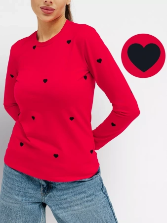 Лонгслив красный женский облегающий с сердечками дк571